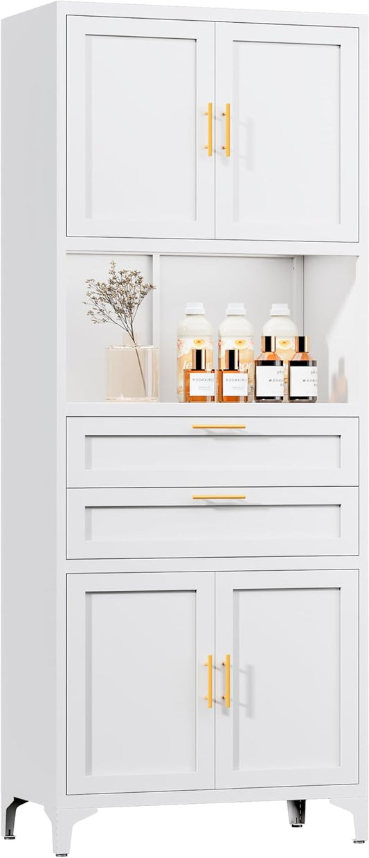 75” Tall Kitchen Pantry Storage Cabinet, Metal Bathroom Storage Cabinet with 2 Drawers and Adjustable Shelves, Kitchen Pantry Cupboard, Freestanding Cupboard for Bathroom, Living Room (White)