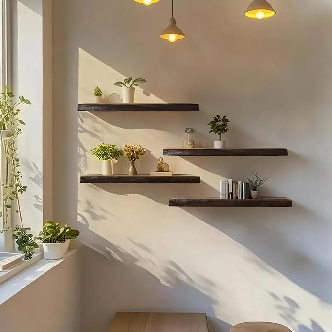 Floating Shelves Set of 2, Aged Elm Wood Picture Ledge Shelf, Floating Shelves for Wall for Bedroom Kitchen Bathroom Living Room (Walnut, 24 inch)