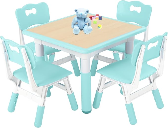 FUNLIO Kids Table and 4 Chairs Set, Height Adjustable Toddler Table and Chair Set for Ages 3-8, Easy to Wipe Arts & Crafts Table, for Classrooms/Daycares/Homes, CPC & CE Approved (5-Piece Set) - Green