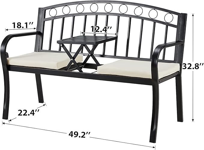 AVAWING Outdoor Metal Garden Bench, 2-Seat Patio Porch Bench with Steel Frame, Park Bench w/Pullout Middle Table＆ Cushion for Backyard Lawn Deck Entryway, Black