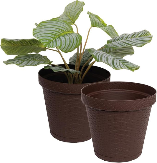 Elly Décor Set of 2 10 inch Round Saucer Modern Self Watering Planter Plates, Pots with Rattan-Like Finish, 10x10 chococlate Brown