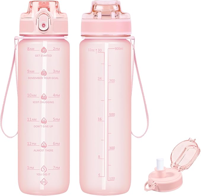 32oz Motivational Water Bottles with Time Marker & Fruit Strainer, Transparent Gradient Color Water Bottle with Times to Drink, Leakproof & BPA Free, Reusable Bottle with Strap (No Straw)