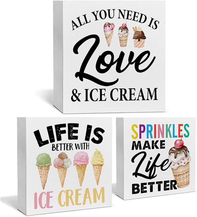 3 Pcs Summer Ice Cream Wood Box Signs Decor Farmhouse Summer Ice Cream Tiered Tray Decor Table Desk Shelf Kitchen Decoration Rustic