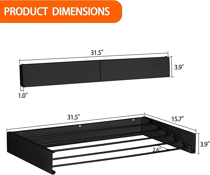 FOCHIER F Laundry Drying Rack Wall Mounted Clothes Drying Rack Collapsible with 5 Aluminum Rods and Drilling Template Long Screwdriver Bit 60 lbs Capacity (Black, 31.5")