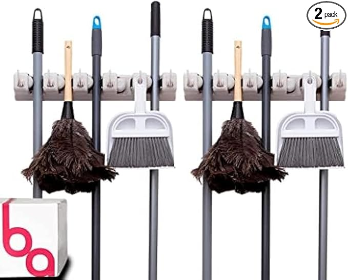 Berry Ave Broom Holder & Wall Mount Garden Tool Organizer- Kitchen, Closet, Garage & Laundry Room Storage With 5 Slots And 6 Hooks- Wall Holder For Broom, Rake & Mop Handles Up To 1.25” [Beige 2-Pack]