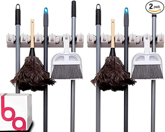 Berry Ave Broom Holder & Wall Mount Garden Tool Organizer- Kitchen, Closet, Garage & Laundry Room Storage With 5 Slots And 6 Hooks- Wall Holder For Broom, Rake & Mop Handles Up To 1.25” [Beige 2-Pack]