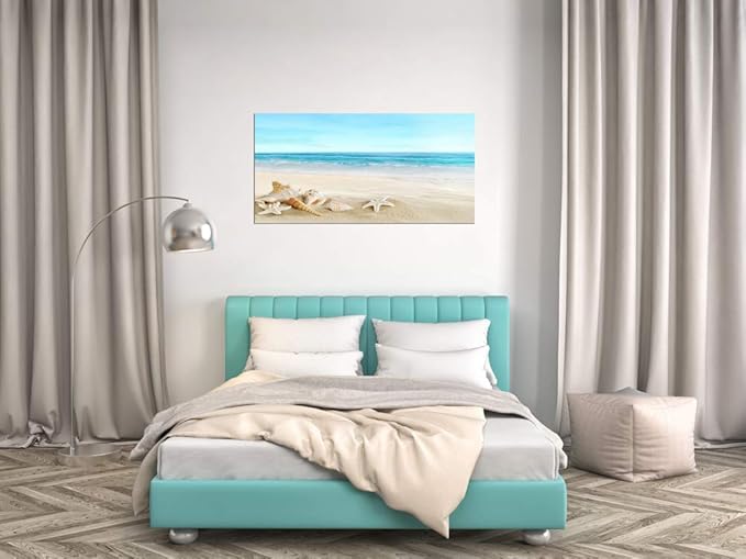 DZL Art S73962 Beach Picture Decor Ocean Painting Canvas Wall Art Prints of Starfish and Seashell on Sandy Seaside Ready to Hang for Living Room Bedroom Office Wall Decor Home Decoration