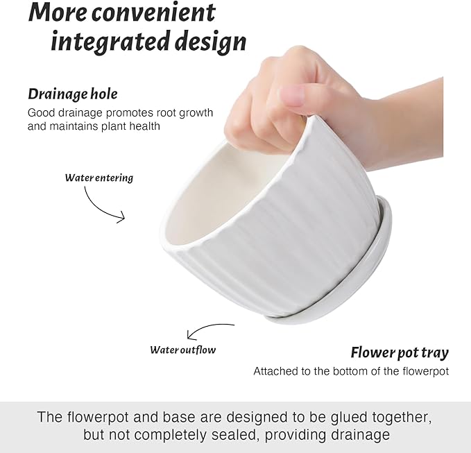4/5/6 Inches Ceramic Plant Pots with Drainage Holes and Saucers, Round Flower Pots for Indoor Plant, Modern Flower Planters Set of 3 (White-Big Size)
