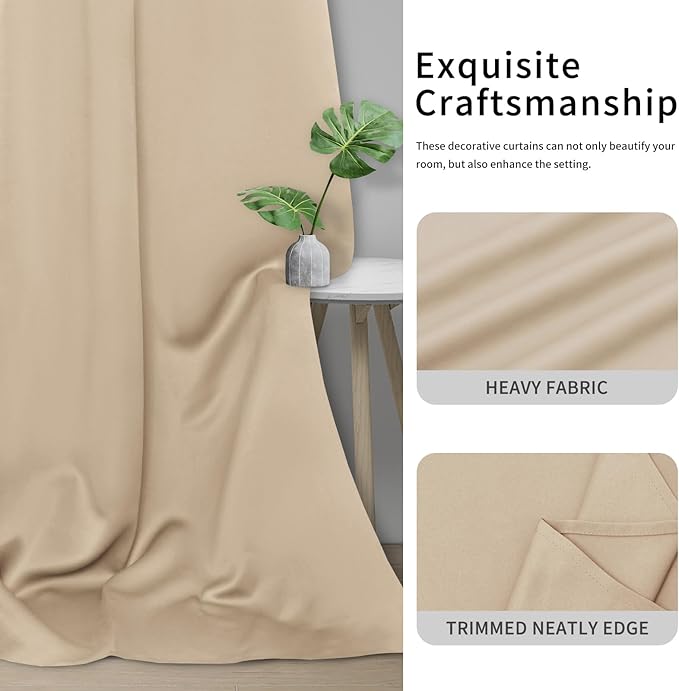 Easy-Going Blackout Curtains for Bedroom, Solid Thermal Insulated Grommet and Noise Reduction Window Drapes, Room Darkening Curtains for Living Room, 2 Panels (42x36 in, Beige)
