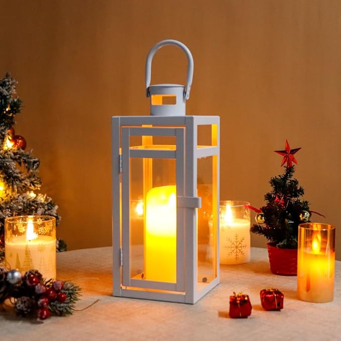 TRIROCKS Stainless Steel Decorative Lantern 12'' High Metal Candle Holder with Clear Glass Panels Perfect for Home Decor Living Room Parties Events Tabletop Indoor Outdoor (White)