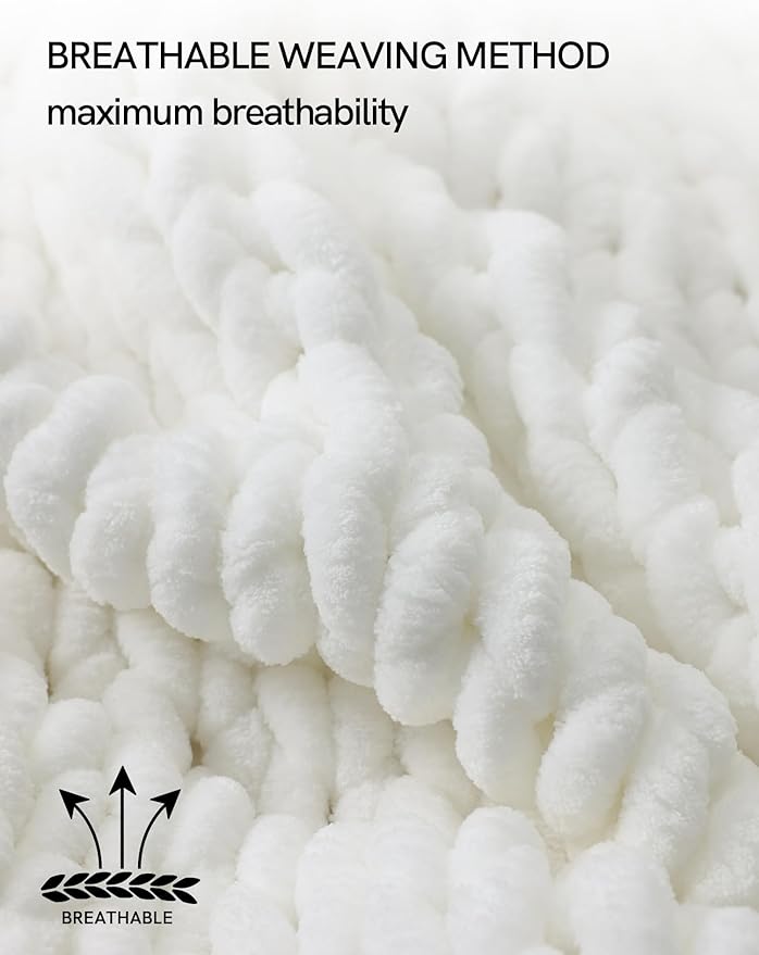 YnM Chunky Throw Blanket, Medium-Weight, Hand Knitted with Chenielle Yarn, Skin Friendly, Ventilated and Breathable, Machine Washable, Home Décor Piece for Couch, Sofa and Bed (White, 80x87 Inch)
