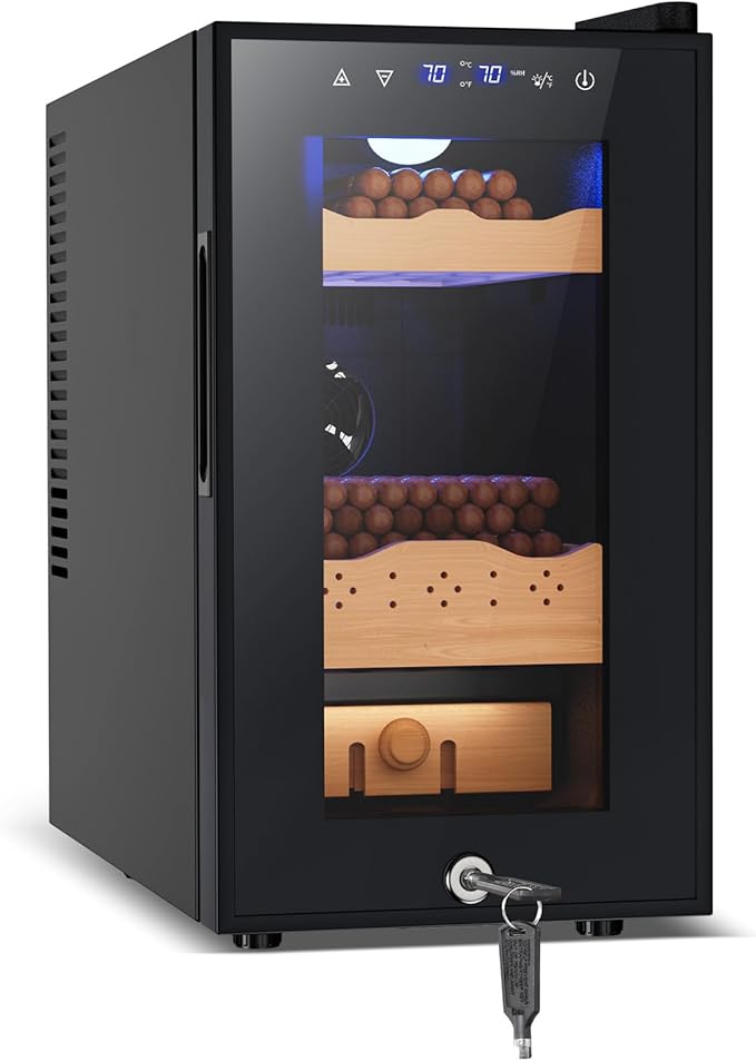 Electric Cigar Humidor Cabinet 25L, Tylza Electric Humidors for Cigars with Temp & Humidity Control, Digital Hygrometer, Lock, Refrigerator, Cigar Humidors with Cedar Wood Drawer Shelves, 170 Cigars