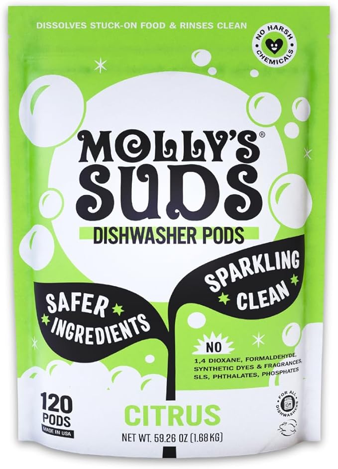 Molly's Suds Dishwasher Pods | Clean Dishwasher Detergent, Cuts Grease & Rinses Clean (Residue-Free) for Sparkling Dishes | 120 Auto-Release Tabs (Citrus)