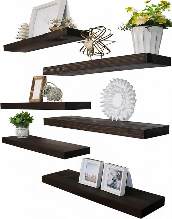 Brown Wood Floating Shelves for Wall Rustic Wall Shelves for Bedroom Set of 6