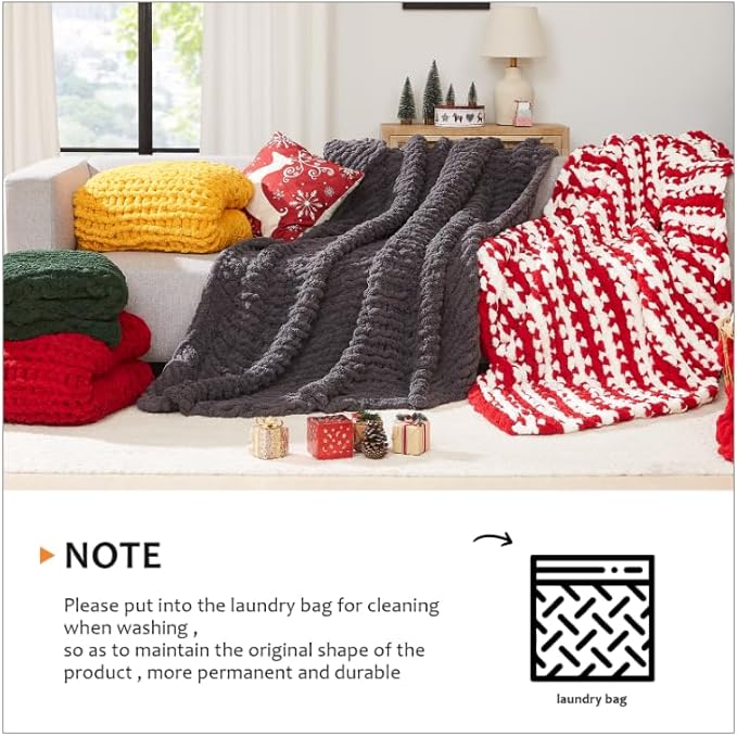 L'AGRATY Chunky Knit Throw: 60''x80'' Chenille Chunky Knitted Blanket for Bed, Couch - Handmade, Thick, Big Cable Knit Blanket - Blue