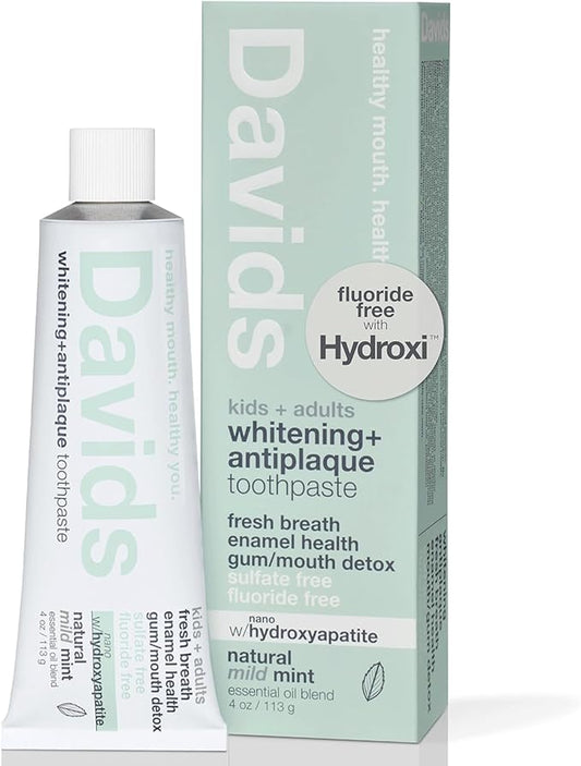 Davids Hydroxi Mild Mint Fluoride Free Nano Hydroxyapatite Toothpaste for Enamel Health & Whitening, Antiplaque, SLS Free, Kid Friendly Gentle Mint Flavor, 4 oz, Made in USA