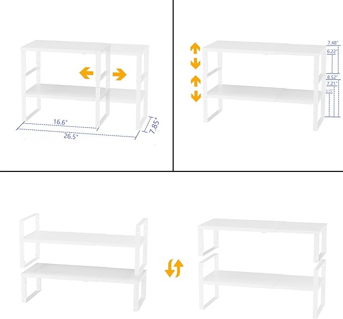 Expandable,Stackable Spice Rack,Seasoning Organizer and Storage,Spices Jar Racks for Cabinet,Countertop, Metal Pantry, Cupboard,Laundry Storages,Heavy Duty(2 Packs/Medium/White)