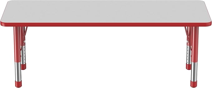 FDP Rectangle Activity School and Classroom Kids Table (24 x 60 inch), Chunky Toddler Legs, Adjustable Height 15-24 inches - Gray Top and Red Edge