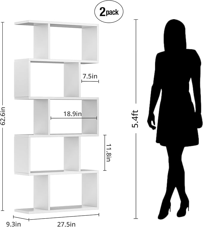 White 5-Tier Geometric Bookcase, S-Shaped Modern Bookshelf Set of 2, 62.6" Tall Room Divider Book Shelf, Decorative Display Shelf