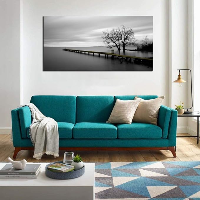 DZL Art S74950 Gray Canvas Prints Modern Minimalist Black and White Lake Trees Landscape Wall Art Painting for Living Room Bedroom Decor Office Wall Decor Home Decoration