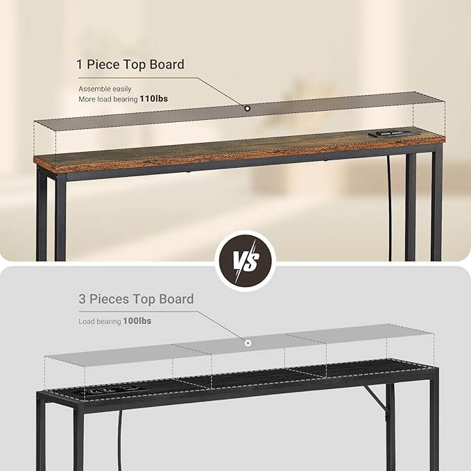 ELYKEN 5.9" Narrow Console Sofa Table with Power Outlets and USB Port, 5.9" Dx39.4 Wx31.1 H Long Behind Couch Table with Metal Frame and 6.5’ Extension Cord, Rustic Brown