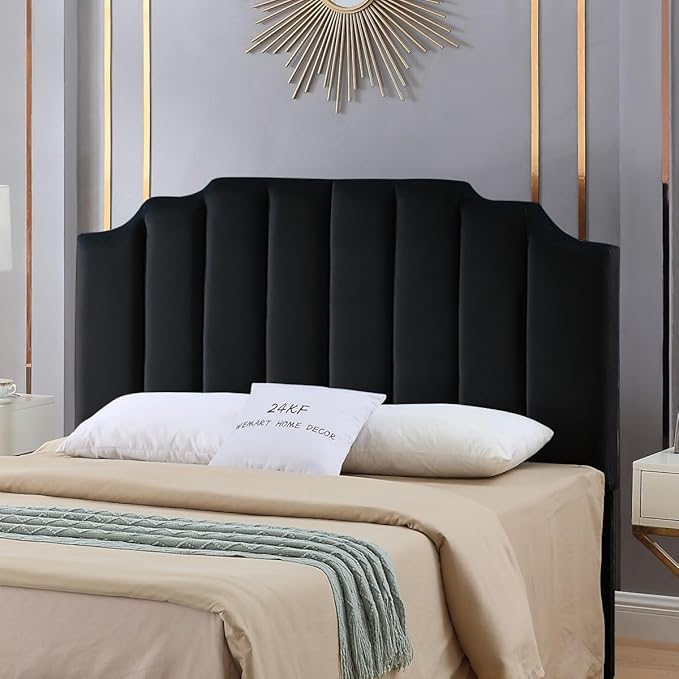 24KF Black Velvet Tufted Queen Upholstered Headboard, Modern Vertical Channel Design California Queen/Full Headboard with Stepped Silhouette Top Edge,Black