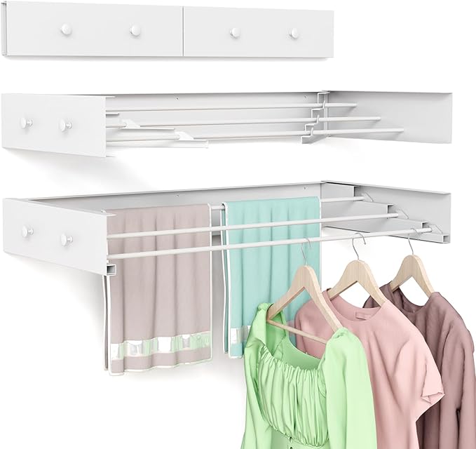 Wall Mounted Drying Rack for Laundry 23.6'', Foldable Laundry Drying Rack Clothing Wall Mount with 4 Towel Hooks and 4 Rods, Space Saving for Indoor Outdoor Bathroom Balcony (White, 23.6'')
