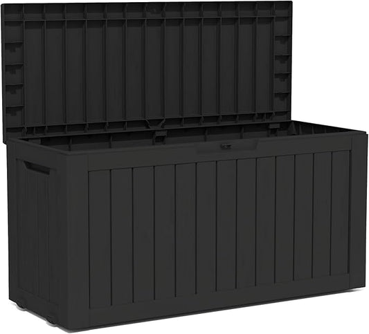 90 Gallon Lockable Resin Deck Box with Wheels, Waterproof & UV-Resistant Outdoor Storage Box for Outdoor Cushion Storage, Garden Tools & Pool Accessories Storage, Black