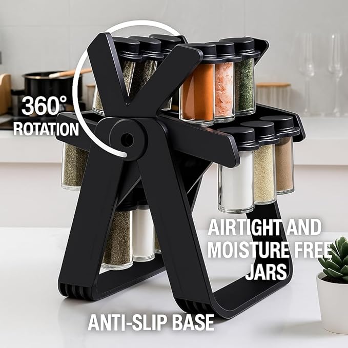 A&K's Rotating Spice Rack Organizer, 18 Glass Jars, 360-Degree Turntable, Black, Comes with Spice Label Stickers, Funnel, and Water Pen. Best for Kitchen Organization, Countertop, Pantry, and Cabinet.