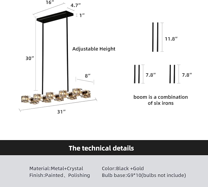 Dining Room Light Fixture,Modern Crystal Chandeleirs Semi Flush Mount Ceiling Light Fixture,Black Metal Crystal Pendant Light for Kitchen Island Farmhouse Dining Room,Living Room (10-Lights)