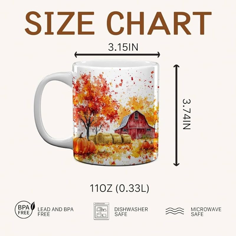 Fall Farm Coffee Mug - Farm Lover Mugs Gifts for Women Men - Autumn Decor Gifts For Home Farmhouse Thanksgiving - 11oz Printed Ceramic Mug (White)