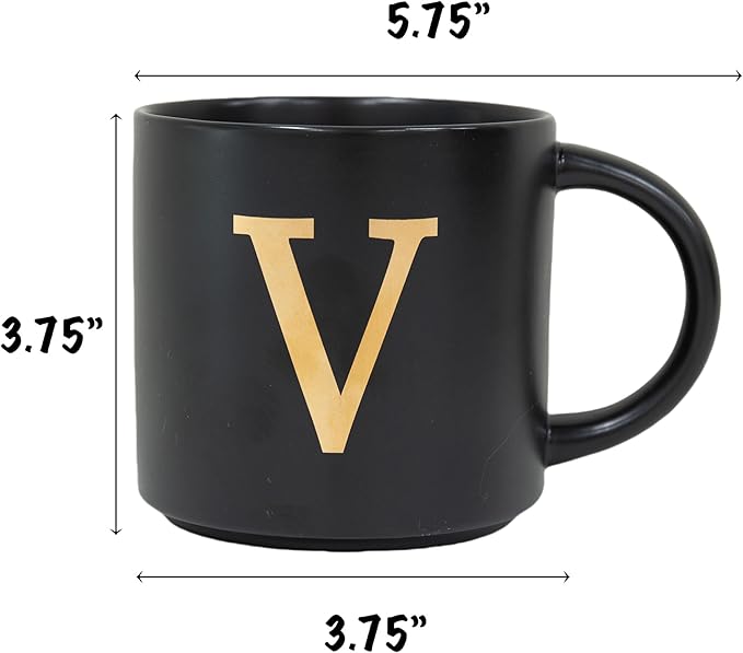 COLLECTIVE HOME - Monogram Ceramic Mugs, 15 oz Golden Initial Black Coffee Cups, Elegant Alphabet Tea Mugs, Elegant Personalized Mug with Gift Box, Unique Mug with Double Side Capital Lette (V)
