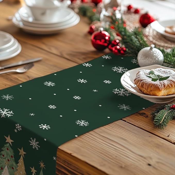 GEEORY Christmas Table Runner 13x60 Inch, Xmas Trees Snowflakes Holiday Decorative Farmhouse Table Decoration for Kitchen Dinning, Indoor Outdoor Dinner Party Decor (Green) GT152-60