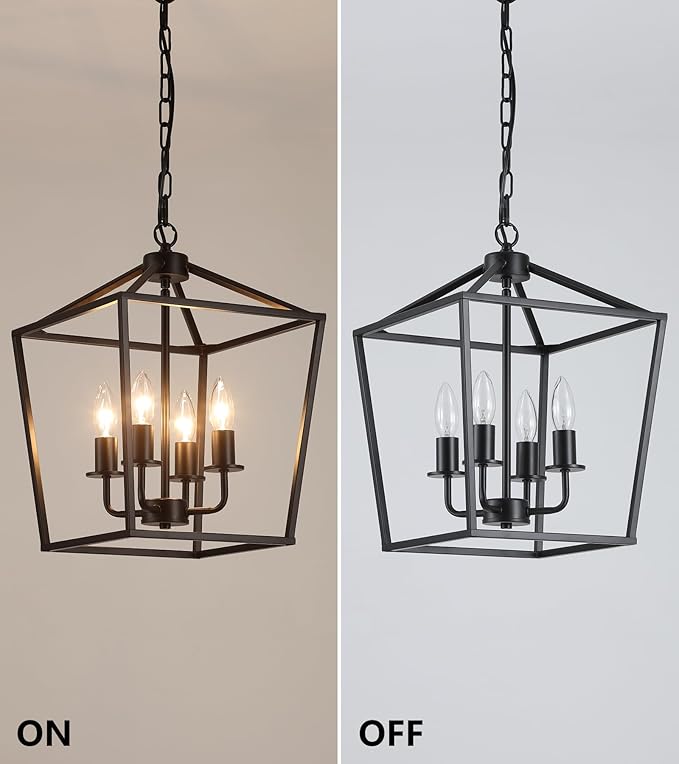 AMZASA UL Listed Black Industrial 4 Light Lantern Chandelier Ceiling Light Fixtures Farmhouse Metal Cage Rustic Geometric Pendant Light for Kitchen Island Entryway Dining Room Stairs and Hallway