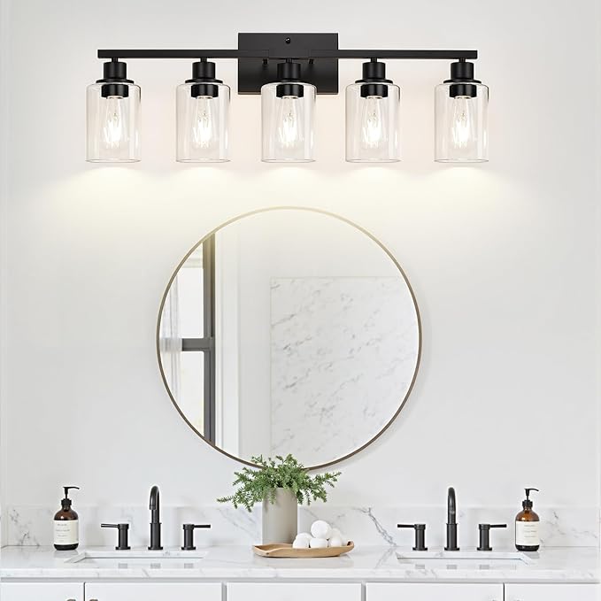5-Light Bathroom Light Fixtures, Matte Black Modern Vanity Lights with Clear Glass Shades, Bathroom Vanity Light for Mirror Living Room Cabinet Bedroom Porch