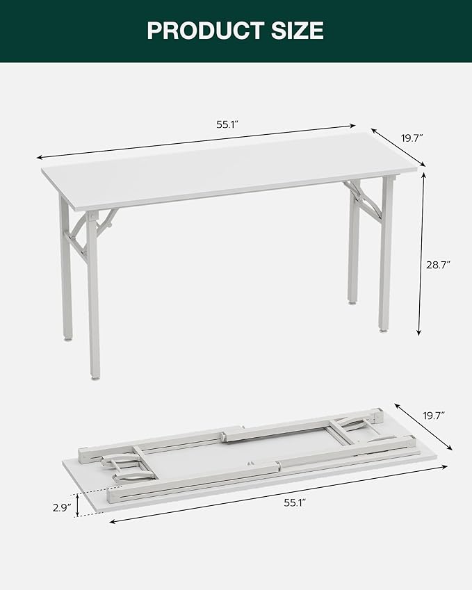 Frylr Small Folding Computer Desk – Portable 55.1 Inch Foldable Laptop Table, Collapsible and Compact for Easy Storage and Fast Setup, Lightweight for Small Spaces, Craft and Study Use, White