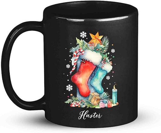 Custom Funny Christmas Cup, Christmas Sock With Gifts And Candle Design Mug, Customized Name Christmas Black Cup 11oz 15oz, Personalized Coffee Mug For Christmas, Christmas Sock Detailed Cup