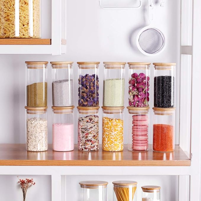 12 Pcs Glass Spice Jars - 8.5oz Empty Small Glass Bottles with Bamboo Airtight Lids and Labels - Thicken Seasoning Spice Containers for Kitchen Organization and Storage…