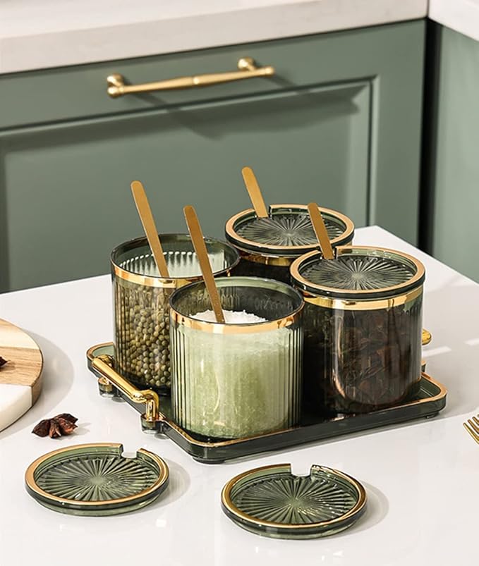 Acrylic Condiment Spice Jars,Condiment Spice Box With Lids and Spoons and Tray,Clear Plastic Condiment Canisters,Seasoning Box 6 Pack,Seasoning Box Set for Kitchen to Storage Salt,Paprika,Sugar