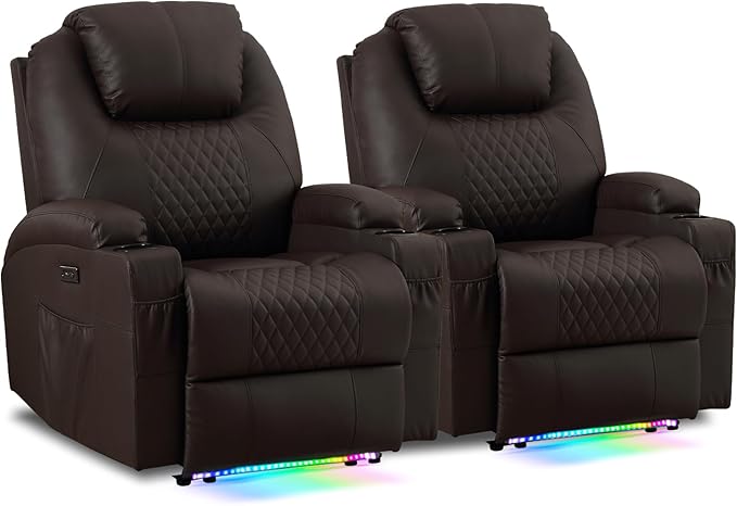 AHMED Power Recliner Chair with Vibration Massage & Heat for Adults, Faux Leather Home Theater Seating with Cup Holders/LED Lights/USB Ports/Side Pockets for Living Room, Brown
