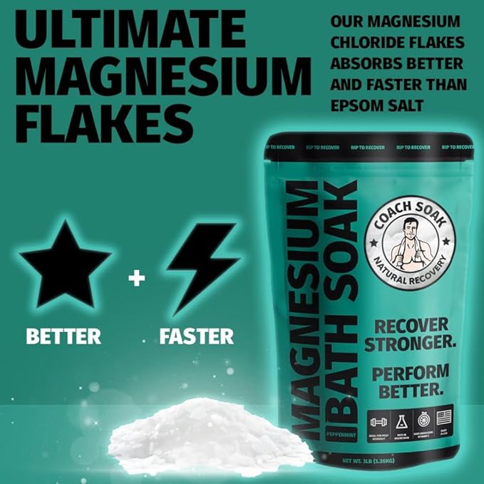 Coach Soak Recovery Bath Soak - Alternative to Epsom Salt Bath Soak - Fast-Absorbing Pure Magnesium Flakes with 21 Minerals, Bath Salts & Essential Oils - 3 lb (1 Pack) - Cooling Peppermint