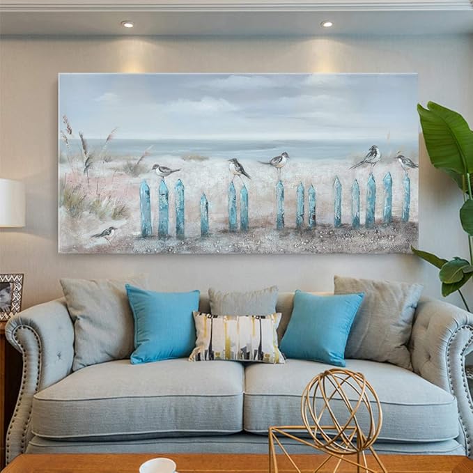 Big Wall Art for Living Room Extra Large Hand-painted Beach Oil Painting Ocean Sea Bird Seagull Canvas Artwork Framed Seascape Coastal Picture for Office Bedroom Decor 60 x 30 inch