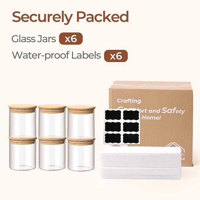 ComSaf Airtight Glass Food Storage Jars Set of 6, 0.6 Qt Clear Glass Food Storage Container with Sealing Wooden Lid, Stackable Spice Jar, Round Kitchen Canister for Sugar, Tea, Coffee bean, Pasta, Oat