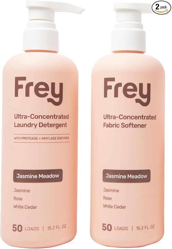 FREY Concentrated Liquid Laundry Detergent | Formulated for Sensitive Skin & HE Washers | Removes Stains Effectively | 50 Loads per Bottle (2-pack Jasmine Meadow)