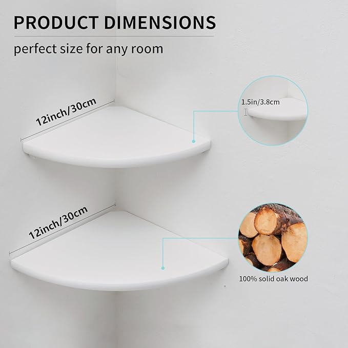 Corner Shelves, White Floating Corner Shelf, Set of 2 12inch Solid Oak Wood Wall Shelves, Round End Wall Mount with Wire Hole for Small Plant for Bedroom Kitchen, Living Room