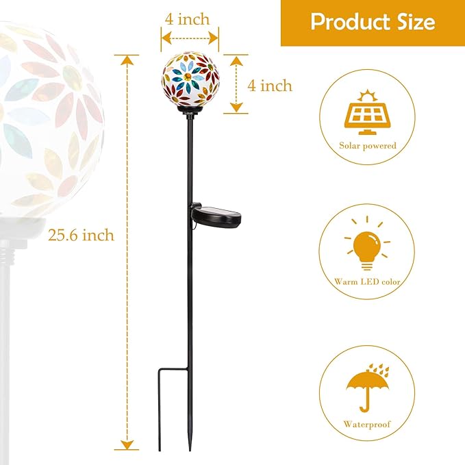 Afirst Solar Lights Outdoor Decorative - Solar Gazing Ball Mosaic Garden Stakes Flower Decorative Lights Waterproof for Pathway Yard Lawn Decoration Yellow