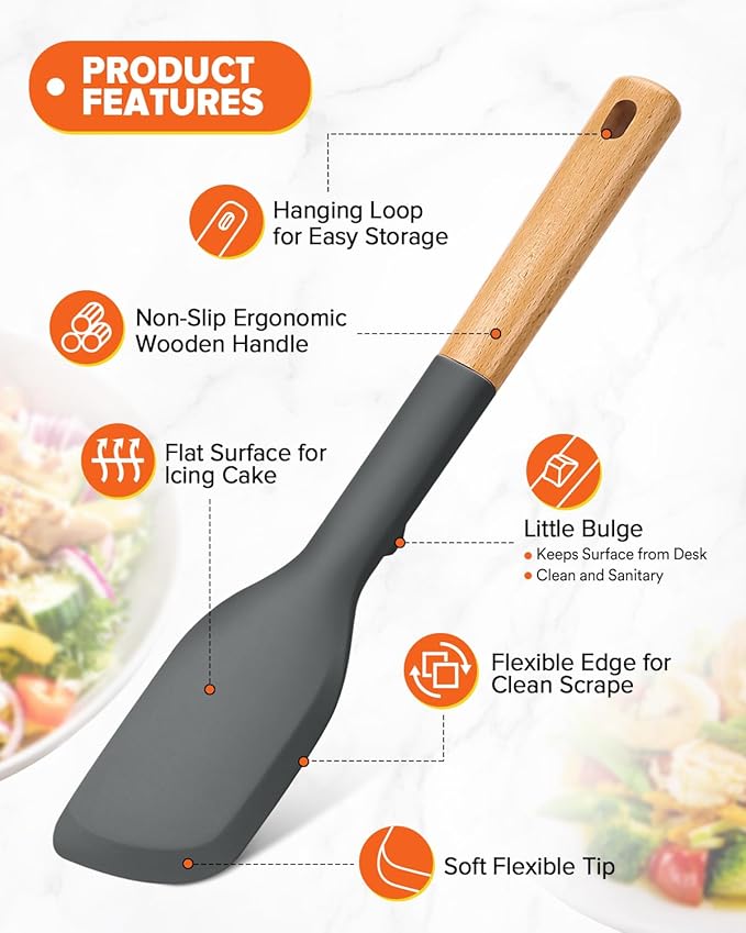 Cooking Spoon and Scraper for Nonstick Cookwares, Great for Cooking and Serving Durable BPA-Free Matte Silicone, Wood Handle Multifunction Spoon for Mixing, Scoop, and Scrape (GREY)