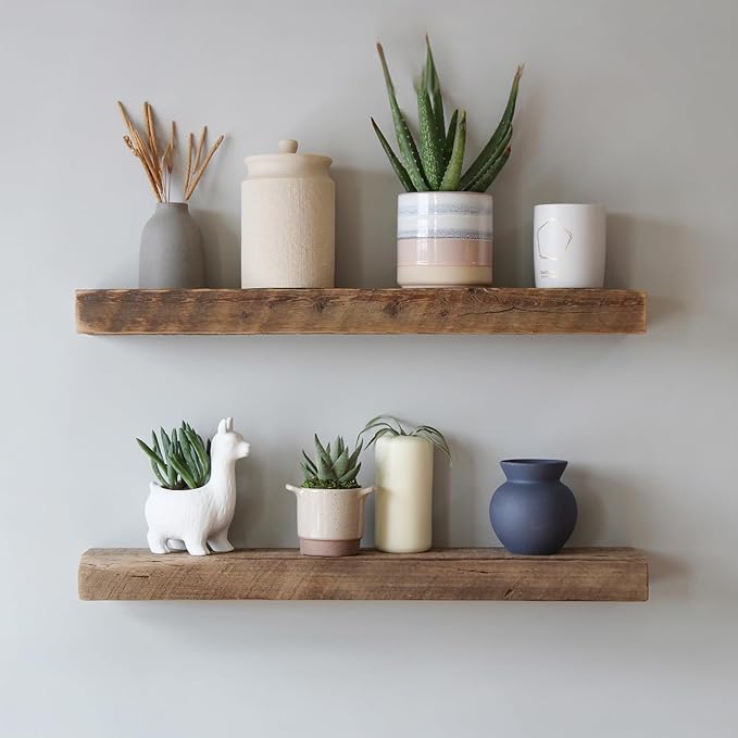 Urban Legacy Reclaimed Barnwood Planks | Floating Shelves for Wall w/Flush Mount Shelf Bracket Set Included | Set of 2 (Natural, 40"x7"x 2")