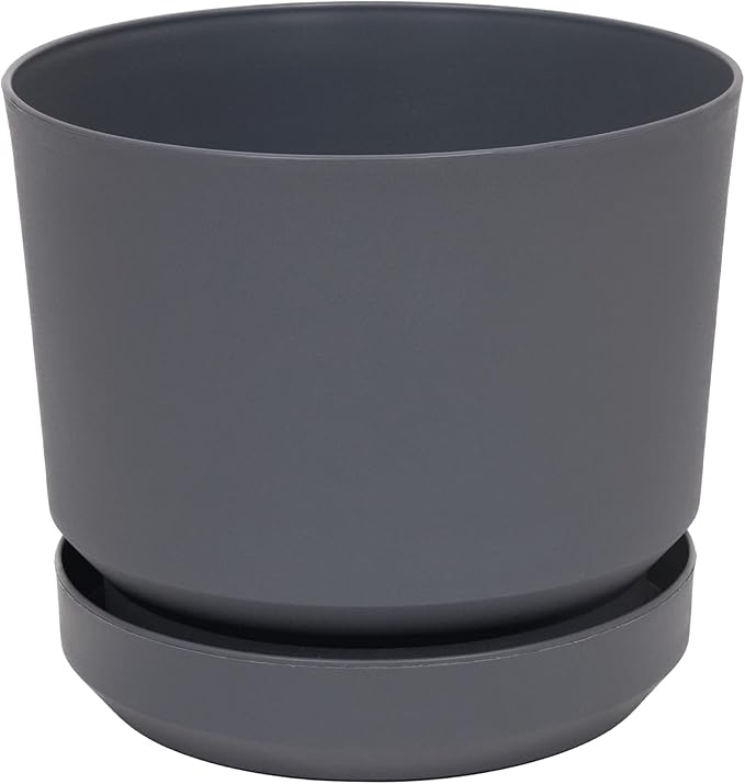 Elly Décor 10 inch Plastic Cylinder Planter Pot with Self-Watering Saucer and Drainage Hole,Lightweight & Extremely Durable, 10"x 10", Gray