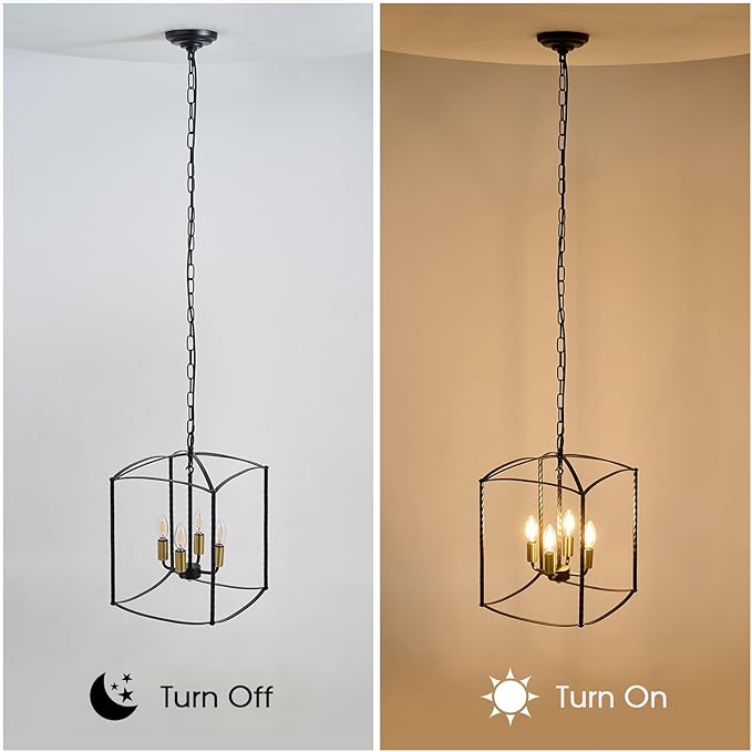 Farmhouse 4 Lights Pendant Light, Industrial Black Lantern Chandelier with E12 Gold Base Metal Cage Rustic Geometric Hanging Light Fixtures for Kitchen Island Foyer Entryway Dining Room
